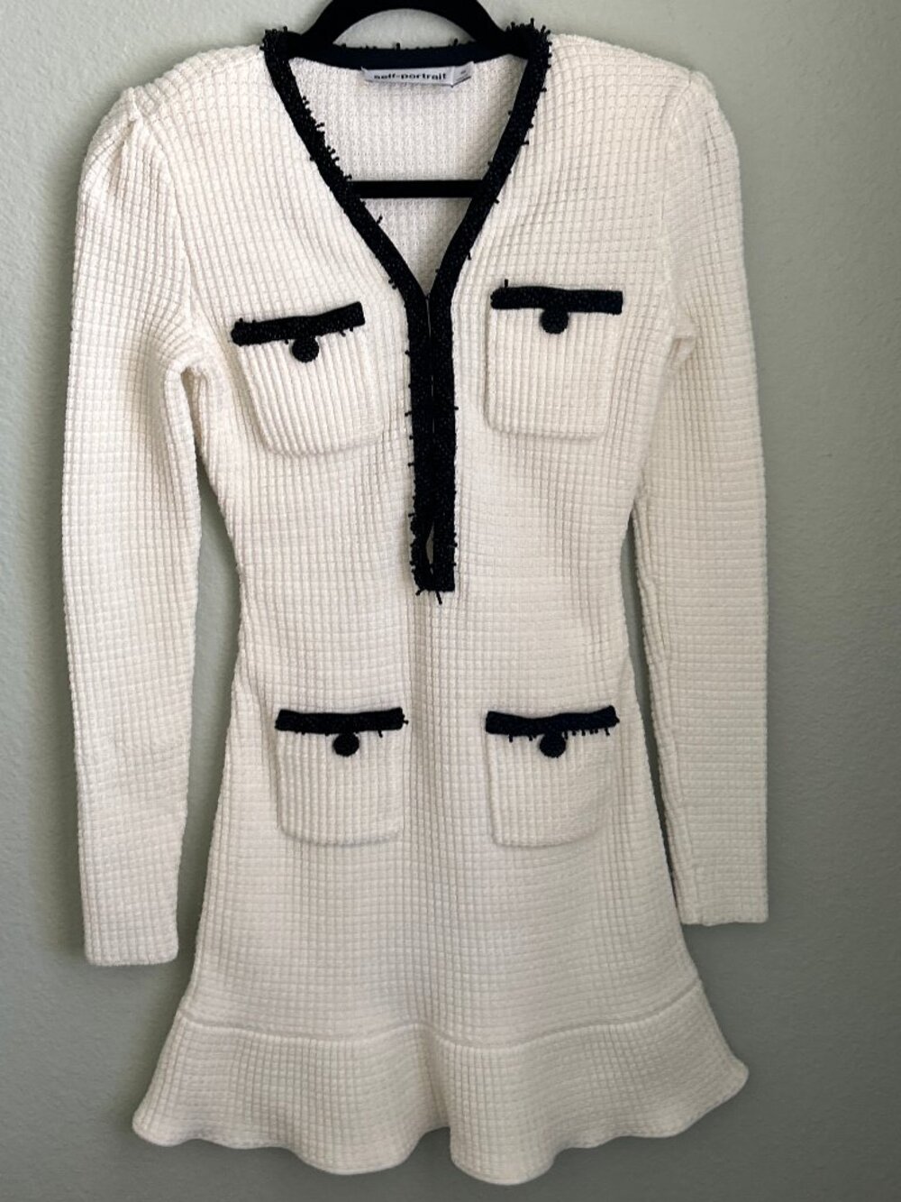 Self-Portrait ~ White Knit Long Sleeve Dress ~  Beaded Trim ~ XS